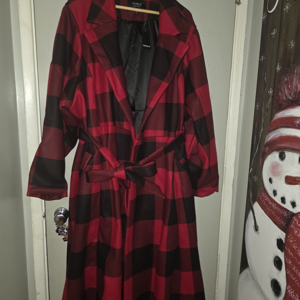 Torrid Red and Black Plaid Trench Coat - Picture 2 of 11